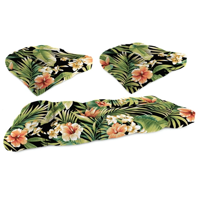 Jordan Manufacturing 3-Piece Cypress Midnight Black Leaves Tufted Outdoor Cushion with 1 Wicker Bench Cushion and 2 Wicker Seat Cushions