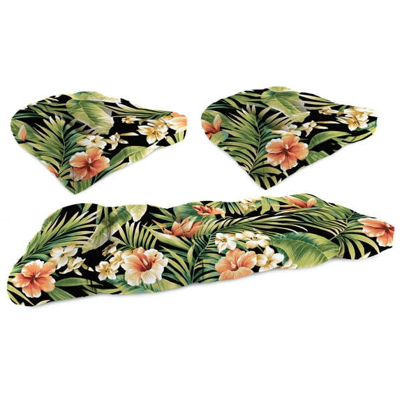 Jordan Manufacturing 3-Piece Cypress Midnight Black Leaves Tufted Outdoor Cushion with 1 Wicker Bench Cushion and 2 Wicker Seat Cushions