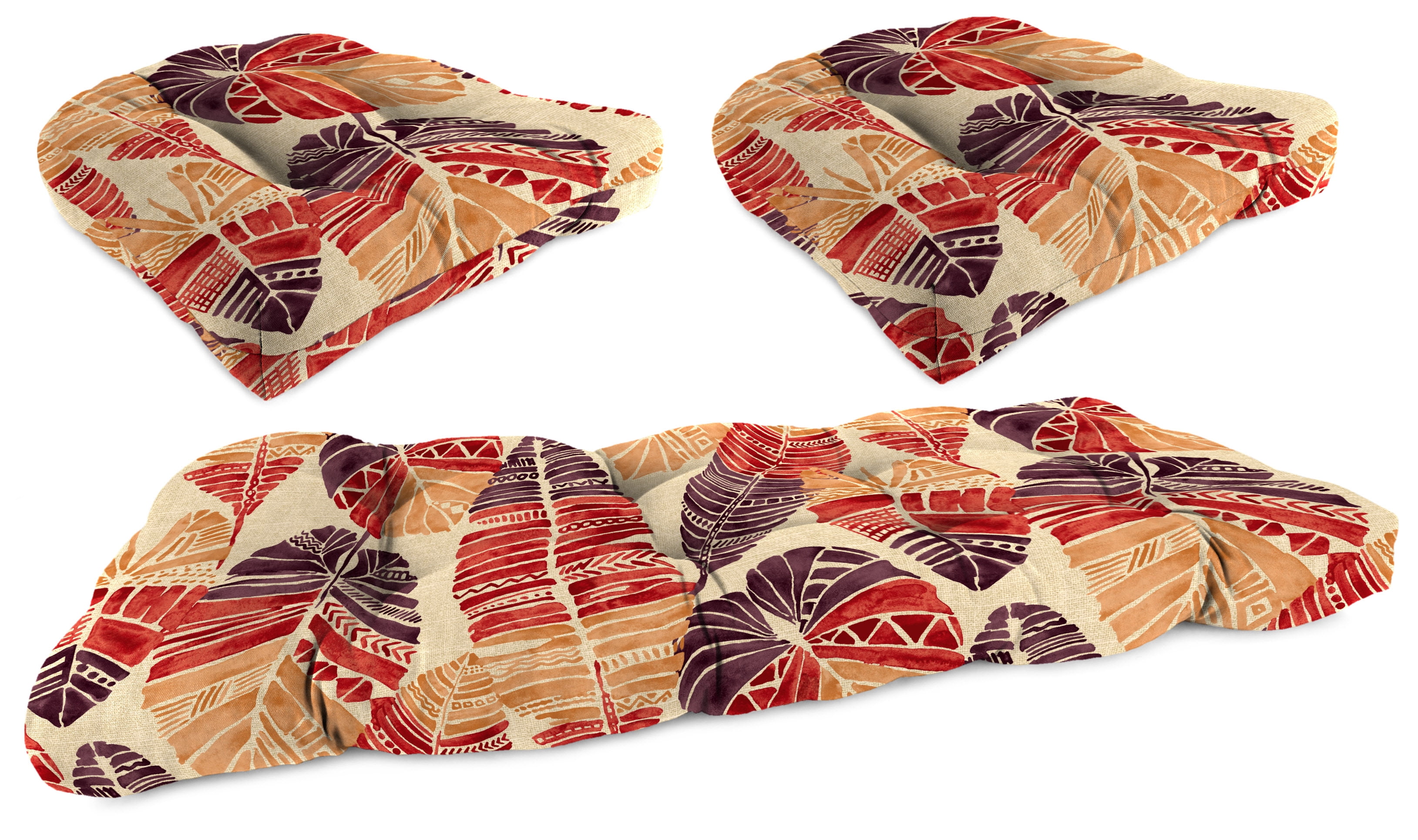 Jordan Manufacturing 3-Piece Hixon Sunset Beige Leaves Outdoor Cushion Set with 2 Wicker Chair Cushions and 1 Wicker Bench Cushion