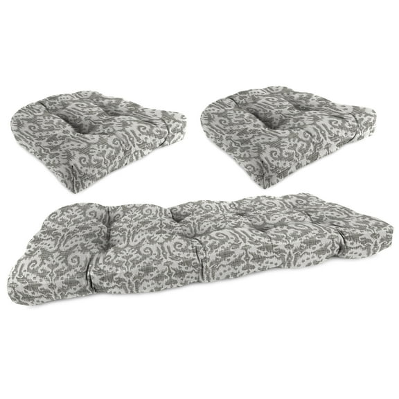 Jordan Manufacturing 3-Piece Jeness Pewter Gray Damask Tufted Outdoor Cushion Set with 1 Wicker Bench Cushion and 2 Wicker Seat Cushions