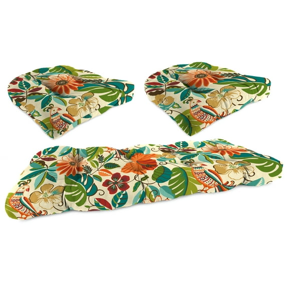 Jordan Manufacturing 3-Piece Lensing Jungle Multicolor Floral Tufted Outdoor Cushion with 1 Wicker Bench Cushion and 2 Wicker Seat Cushions