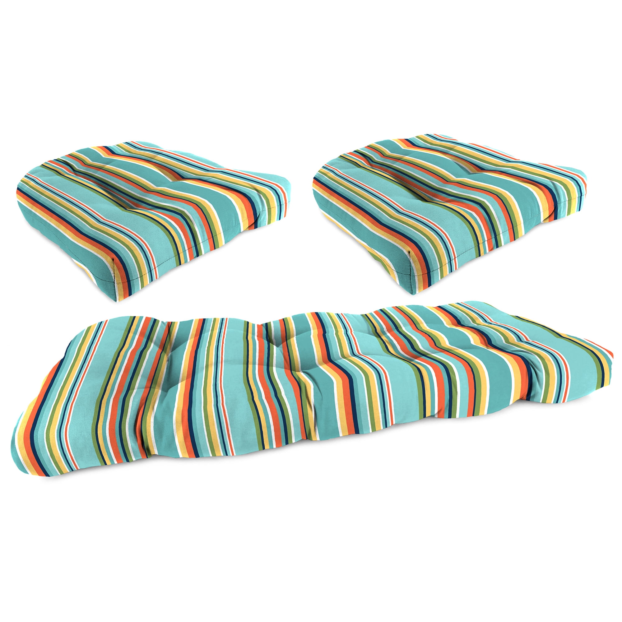 Turquoise Stripe Tufted Outdoor Wicker Cushion Set