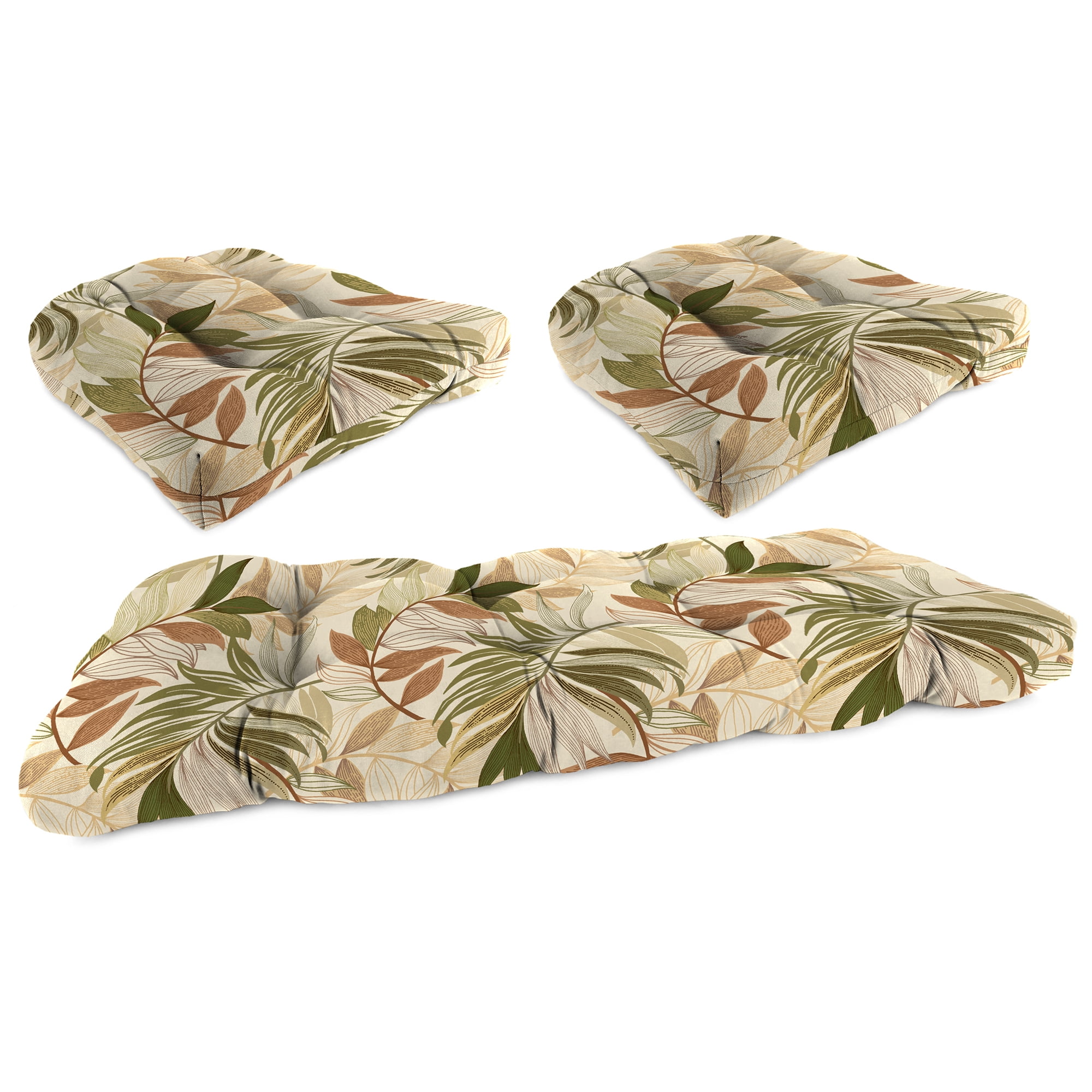 Jordan Manufacturing 3 Piece Oasis Nutmeg Beige Leaves Tufted Outdoor Cushion with 1 Wicker Bench Cushion and 2 Wicker Seat Cushions