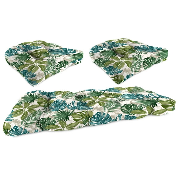 Jordan Manufacturing 3-Piece Piermont Palm Multicolor Leaves Tufted Outdoor Cushion Set with 1 Wicker Bench Cushion and 2 Wicker Seat Cushions
