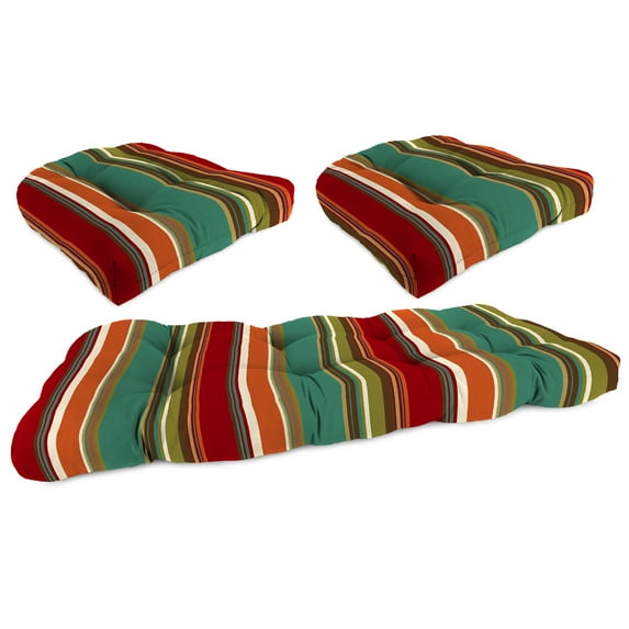 Jordan Manufacturing 3-Piece Westport Teal Multicolor Stripe Tufted Outdoor Cushion with 1 Wicker Bench Cushion and 2 Wicker Seat Cushions