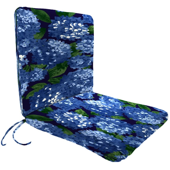 Jordan Manufacturing 37" x 19" Hydrangea Midnight Navy Floral Rectangular Outdoor Chair Cushion with Ties
