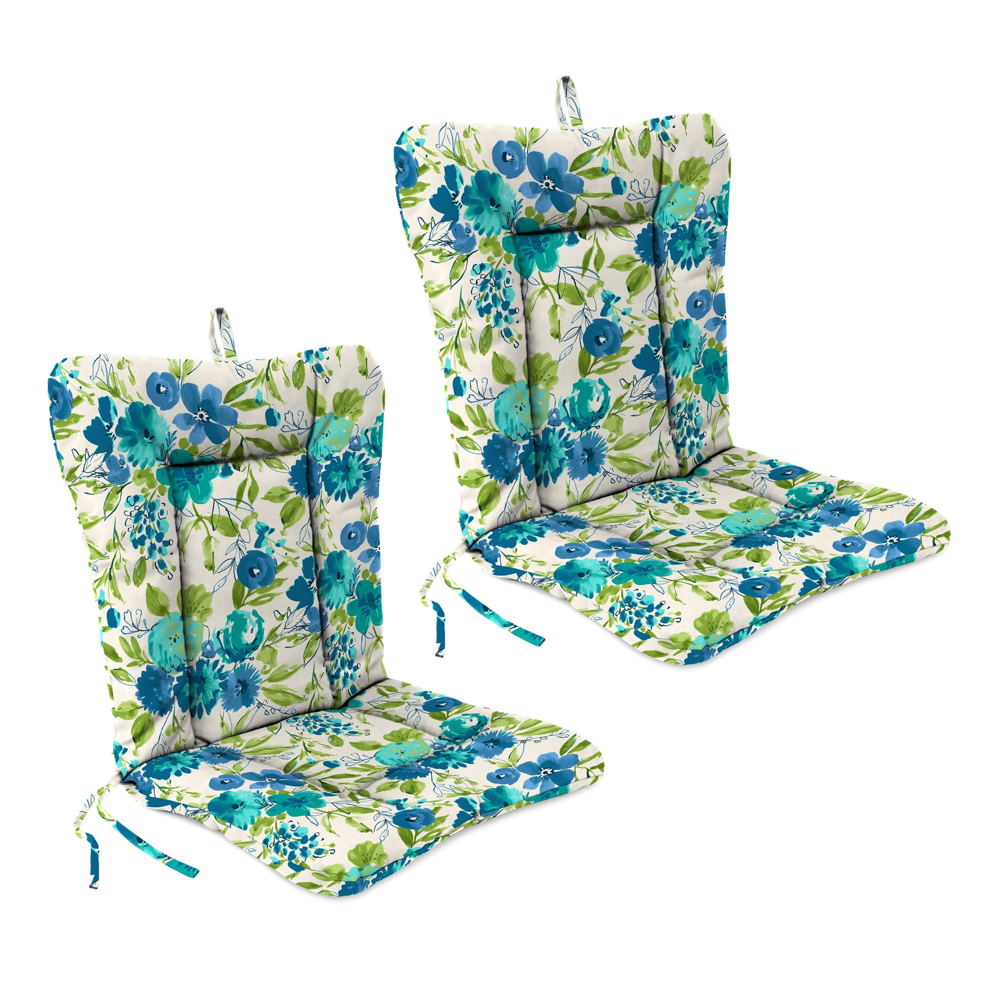 Jordan Manufacturing 38" x 21" Bettina Aqua Cream Floral Rectangular Outdoor Wrought Iron Chair Cushion with Ties and Hanger Loop (2 Pack)