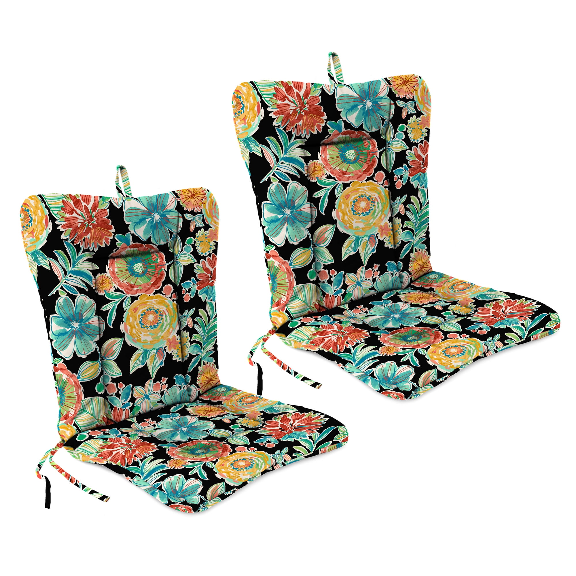 Jordan Manufacturing 38" x 21" Colsen Noir Black Floral Rectangular Outdoor Wrought Iron Chair Cushion with Ties and Hanger Loop (2 Pack)