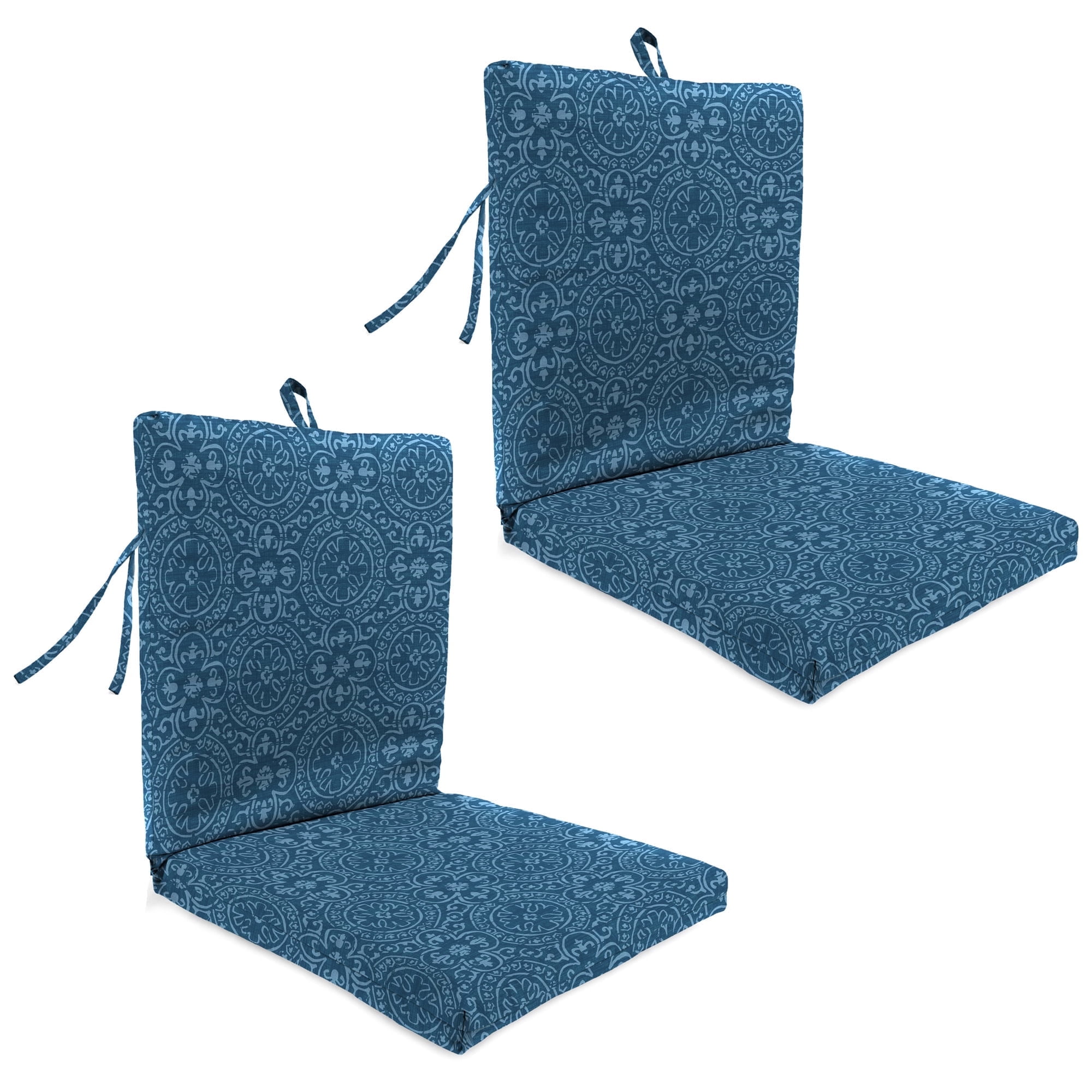 Jordan Manufacturing 38" x 21" Navy Medallion Rectangular Outdoor Chair Cushion with Ties and Hanger Loop (2 Pack)