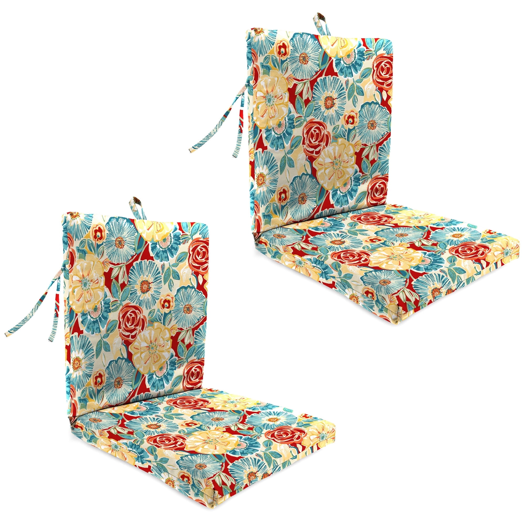 Jordan Manufacturing 38" x 21" Retro Flower Multicolor Floral Rectangular Outdoor Chair Cushion with Ties and Hanger Loop (2 Pack)