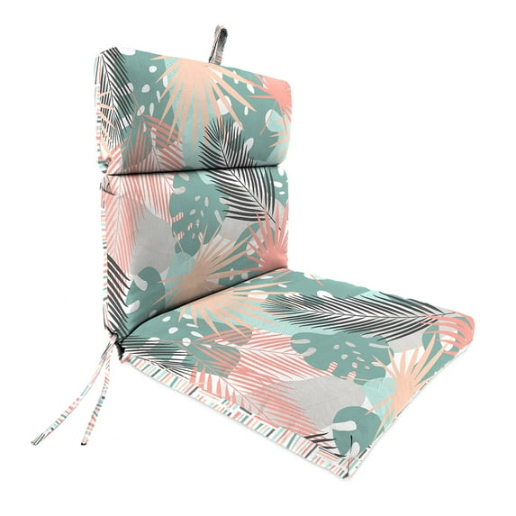 Jordan Manufacturing 42" x 20" Baloo Stardust Coral and Teal Leaves and Midas Stardust Coral and Teal Dash Reversible Rectangular Outdoor Chair Cushion with Ties and Hanger Loop