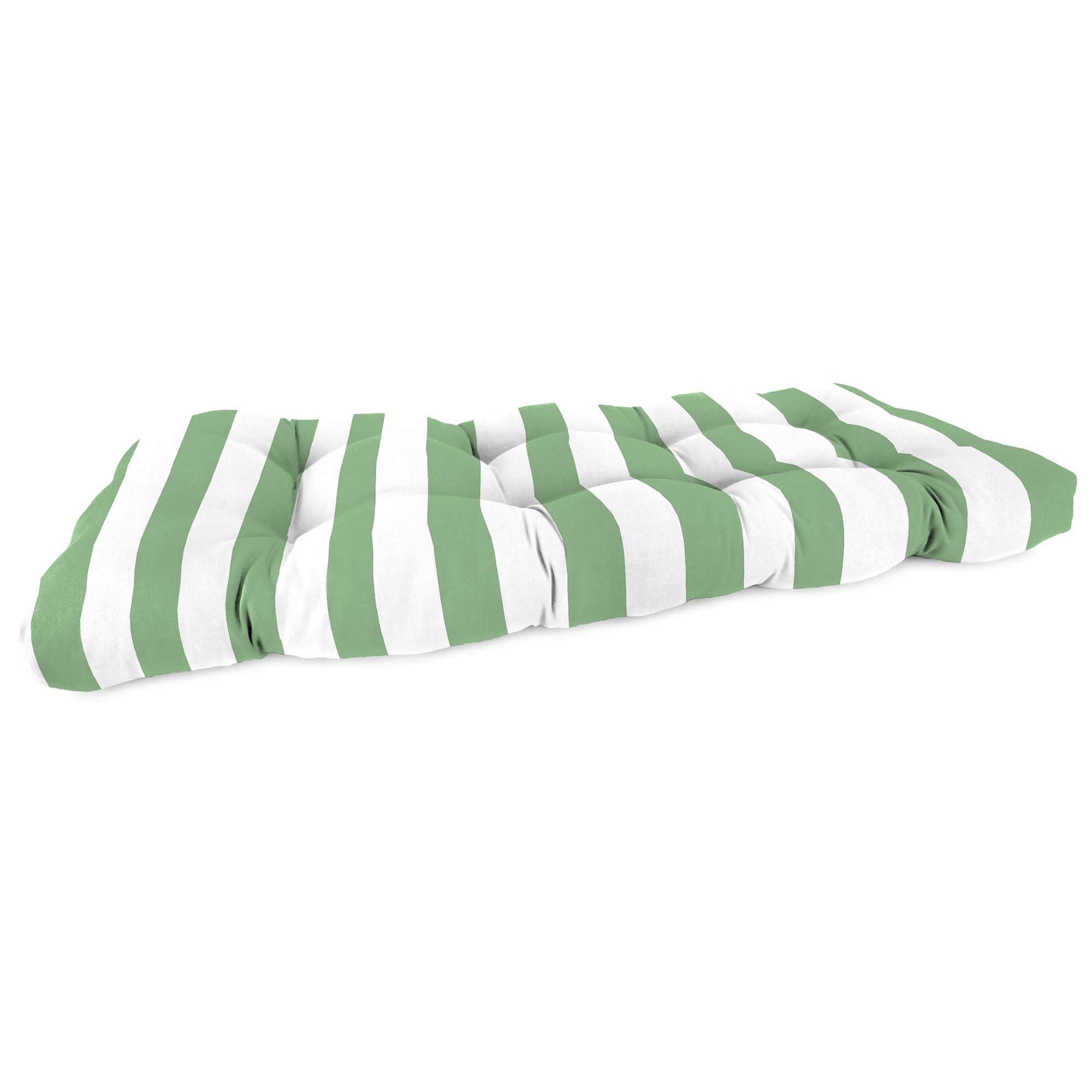 Jordan Manufacturing 43" x 19" Awning Cucumber Green Stripe Rectangular Tufted Outdoor Wicker Settee Bench Cushion with Rounded Back Corners