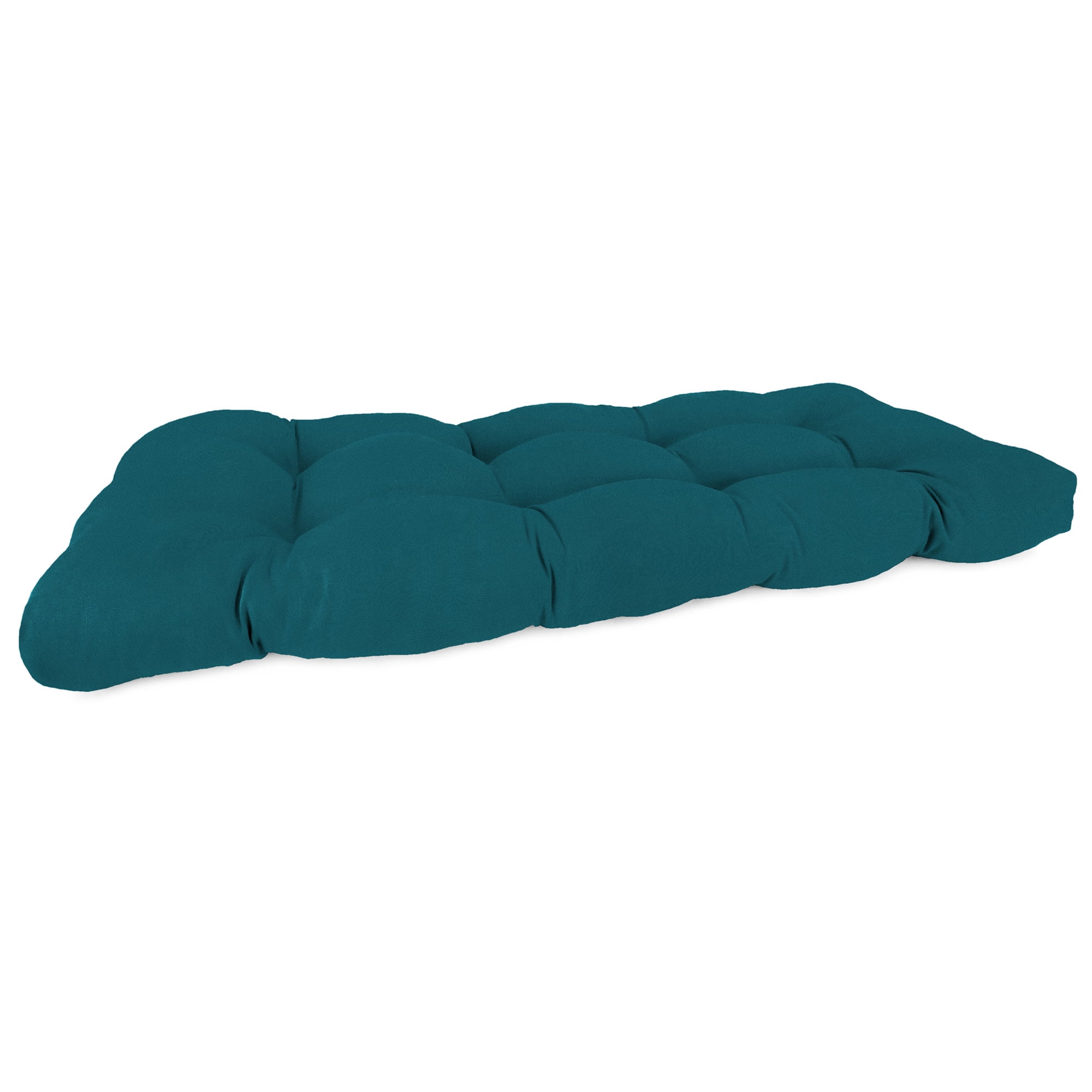 Jordan Manufacturing 43" x 19" Canvas Teal Solid Rectangular Tufted Outdoor Wicker Settee Bench Cushion with Rounded Back Corners