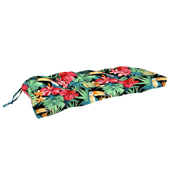 Jordan Manufacturing 43" x 19" Rani Citrus Black Tropical Rectangular Tufted Outdoor Wicker Settee Bench Cushion with Ties