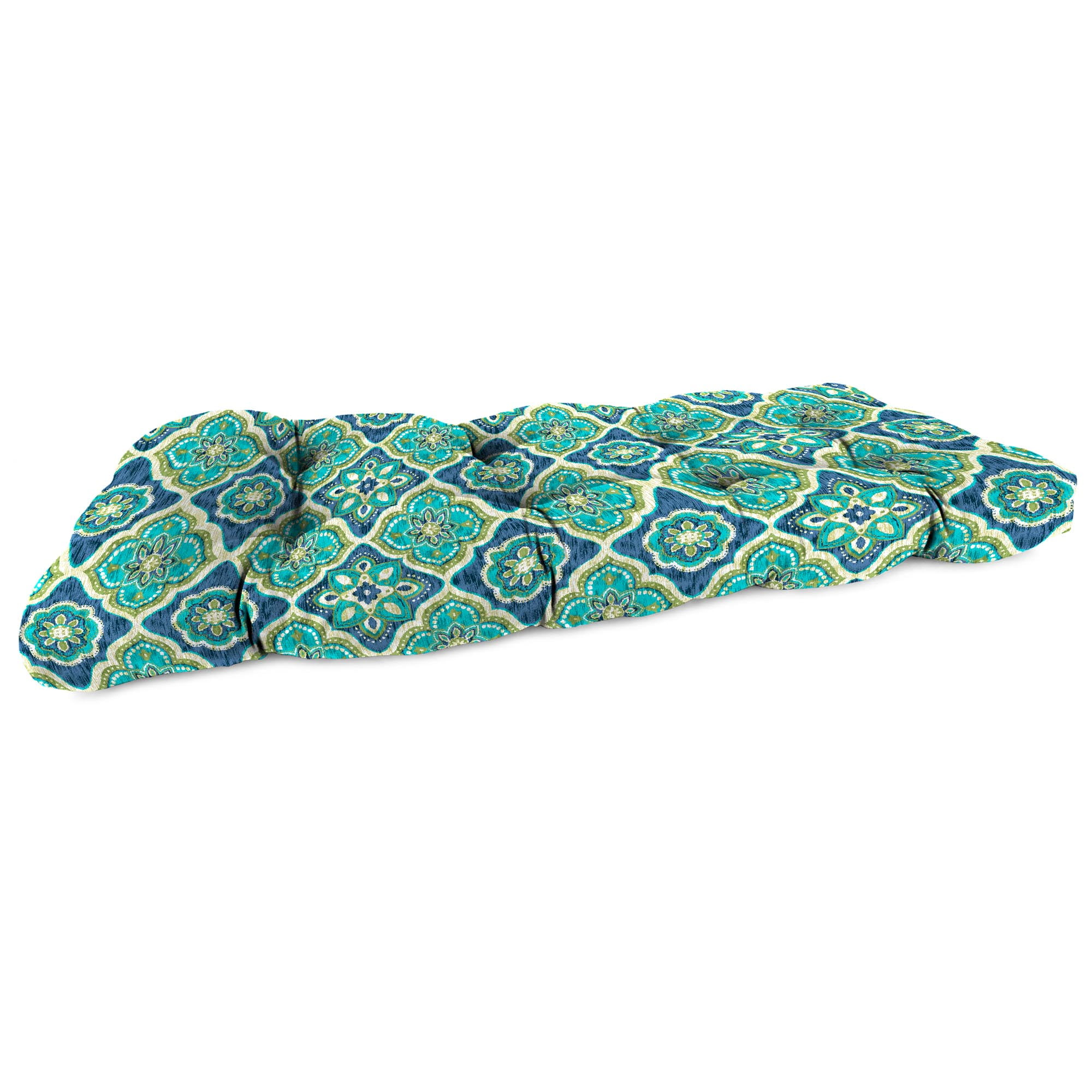 Jordan Manufacturing 44" x 18" Adonis Capri Teal Geometric Rectangular Tufted Contoured Outdoor Wicker Settee Bench Cushion