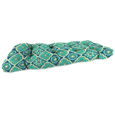 Jordan Manufacturing 44" x 18" Adonis Capri Teal Medallion Rectangular Tufted Contoured Outdoor Wicker Settee Bench Cushion