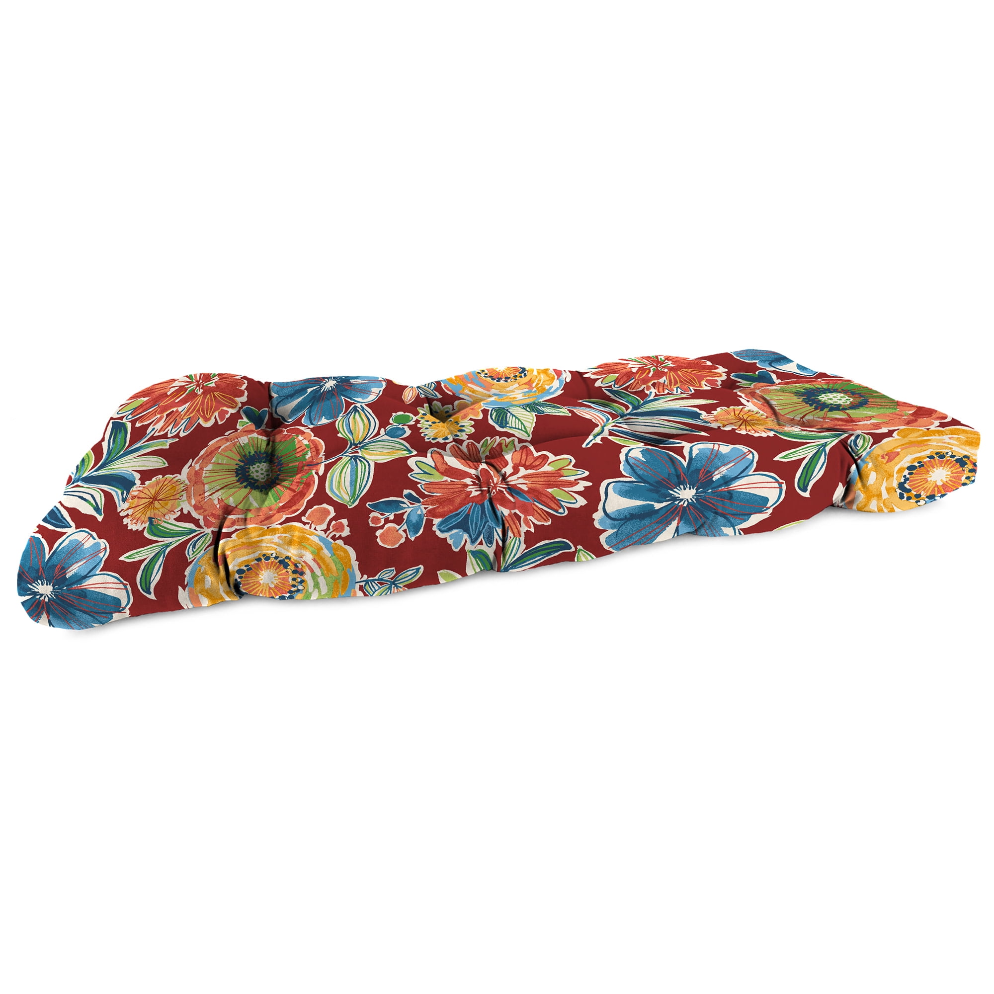 Colsen Berry Red Floral Tufted Outdoor Wicker Bench Cushion