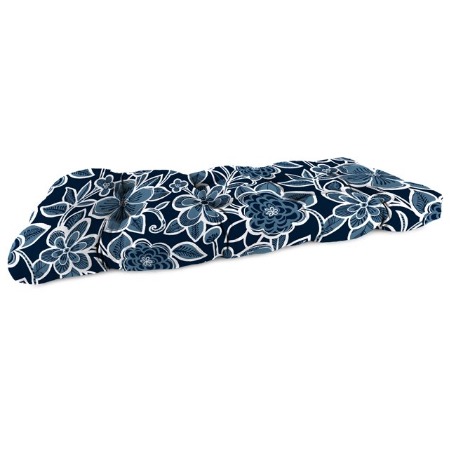 Jordan Manufacturing 44" x 18" Halsey Navy Floral Rectangular Tufted Contoured Outdoor Wicker Settee Bench Cushion