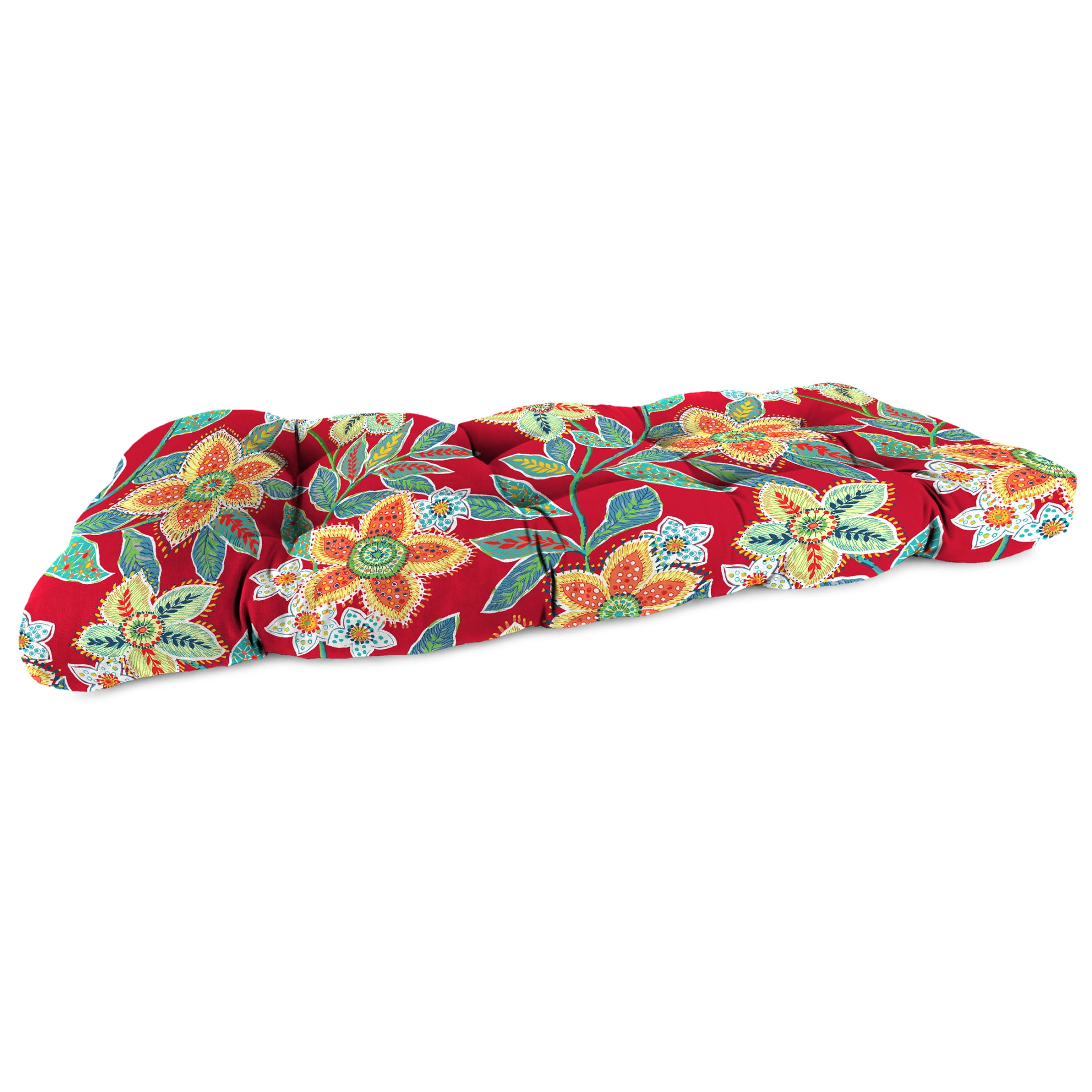 Jordan Manufacturing 44" x 18" Leathra Red Floral Rectangular Tufted Contoured Outdoor Wicker Settee Bench Cushion