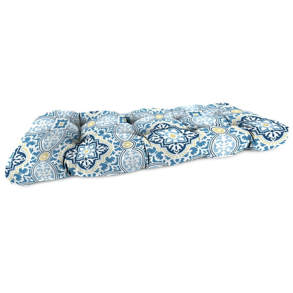 Jordan Manufacturing 44" x 18" Rave Sky Blue Quatrefoil Rectangular Tufted Contoured Outdoor Wicker Settee Bench Cushion
