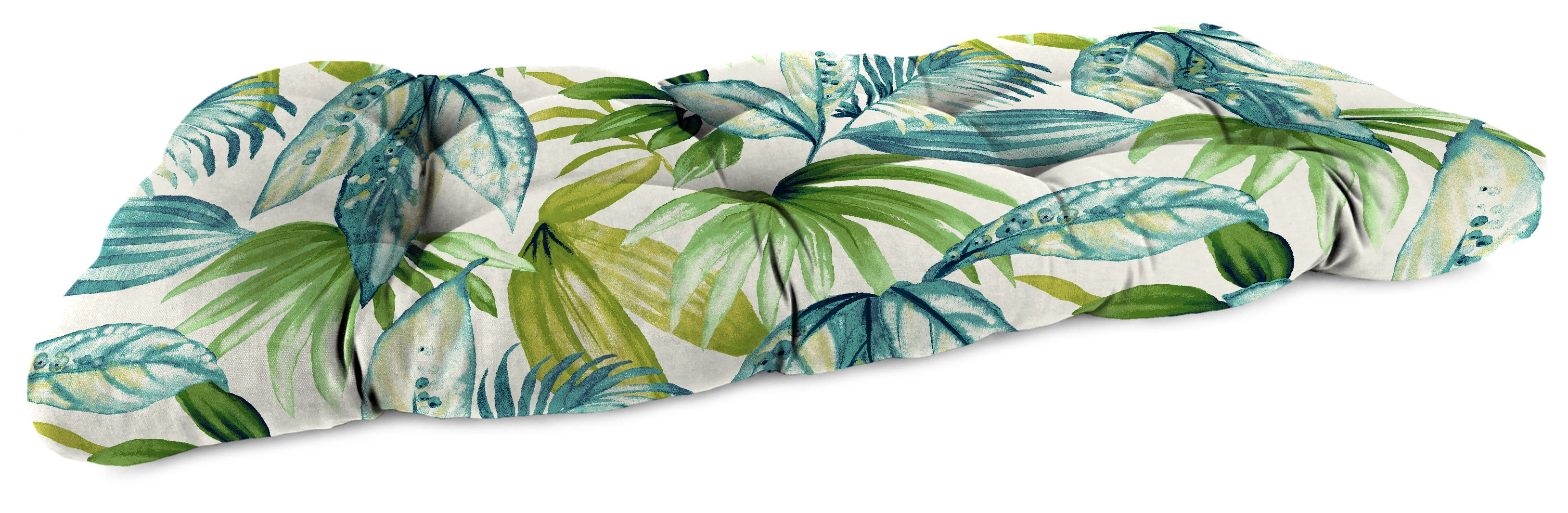 Jordan Manufacturing 44" x 18" Seneca Caribbean Blue Leaves Rectangular Tufted Outdoor Wicker Settee Bench Cushion with Rounded Back Corners