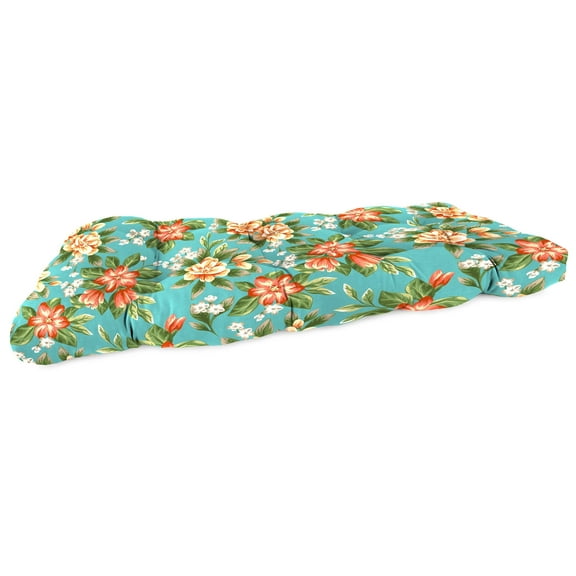 Jordan Manufacturing 44" x 18" Tory McCaw Aqua Floral Rectangular Tufted Contoured Outdoor Wicker Settee Bench Cushion