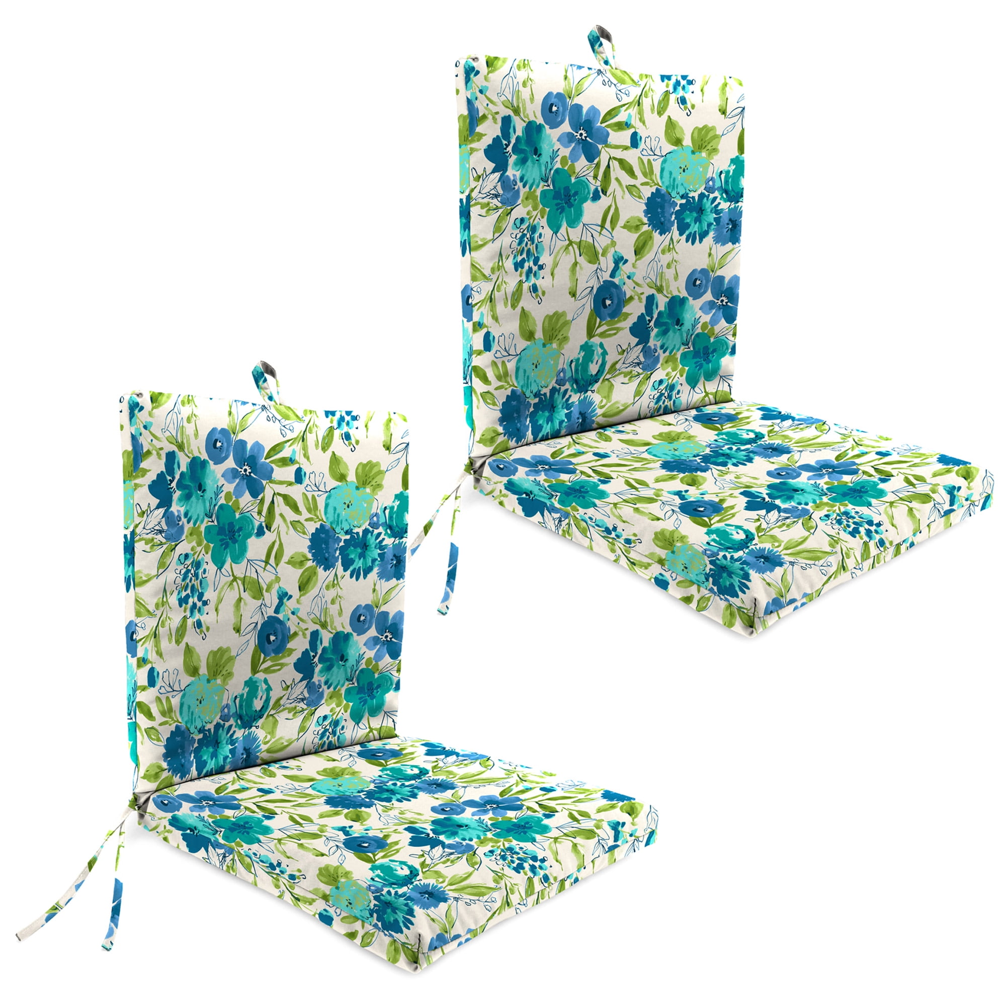 Jordan Manufacturing 44" x 21" Bettina Aqua Cream Floral Rectangular Outdoor Chair Cushion with Ties and Hanger Loop (2 Pack)