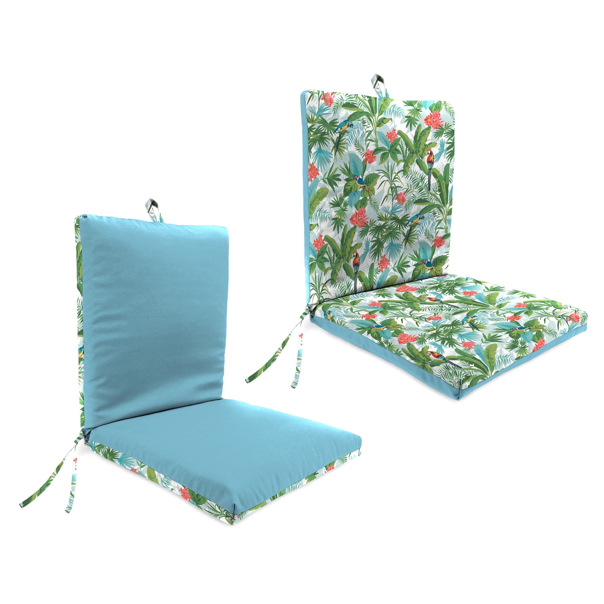 Jordan Manufacturing 44" x 21" Canvas Light Aqua Solid and Jabber Clover Multicolor Tropical Reversible Rectangular Outdoor Chair Cushion with Ties and Hanger Loop