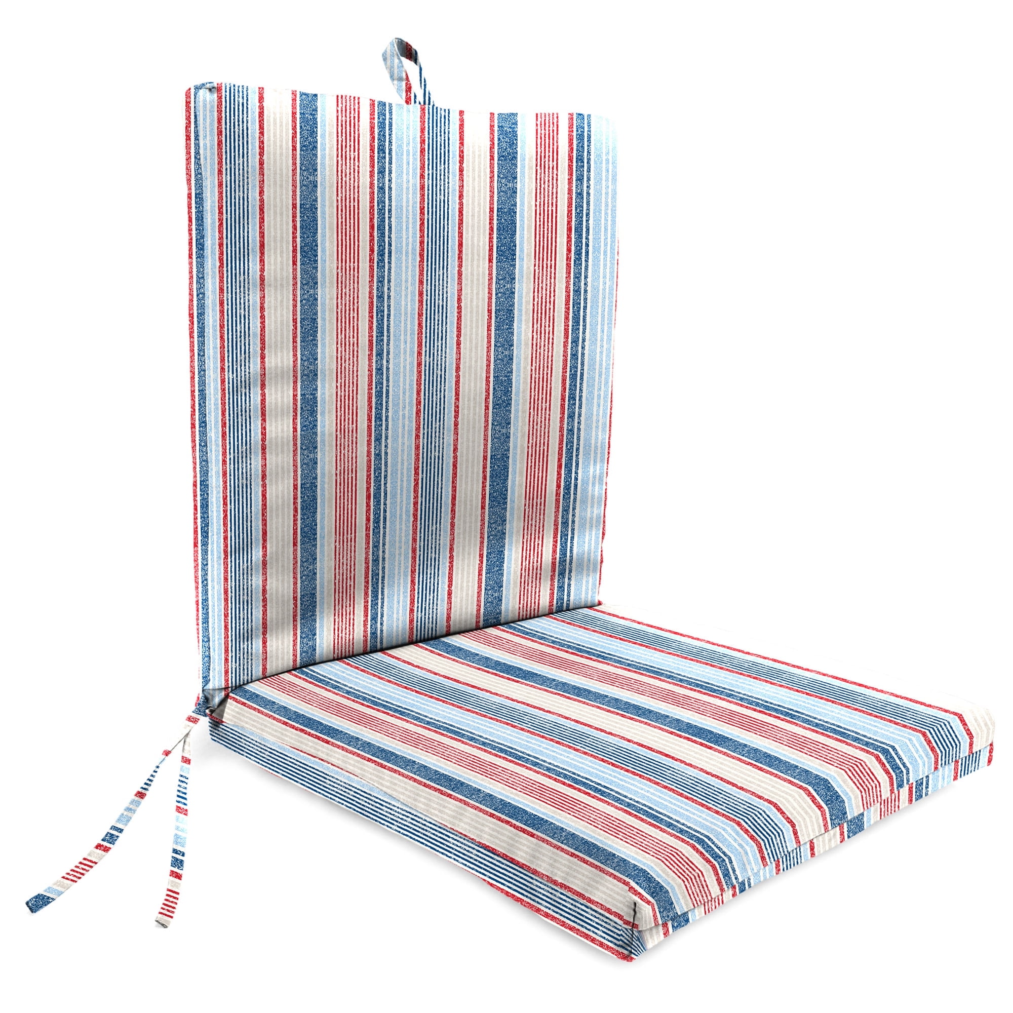 Jordan Manufacturing 44" x 21" Davian Razz Red, White and Blue Stripe Rectangular Outdoor Chair Cushion with Ties and Hanger Loop