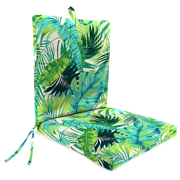 Jordan Manufacturing 44" x 21" Kadir Iceberg Green Leaves Rectangular Outdoor Chair Cushion with Ties and Hanger Loop