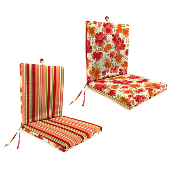 Jordan Manufacturing 44" x 21" Marcia Granola Red and Orange Floral and Zion Granola Red and Orange Stripe Reversible Rectangular Outdoor Chair Cushion with Ties and Hanger Loop