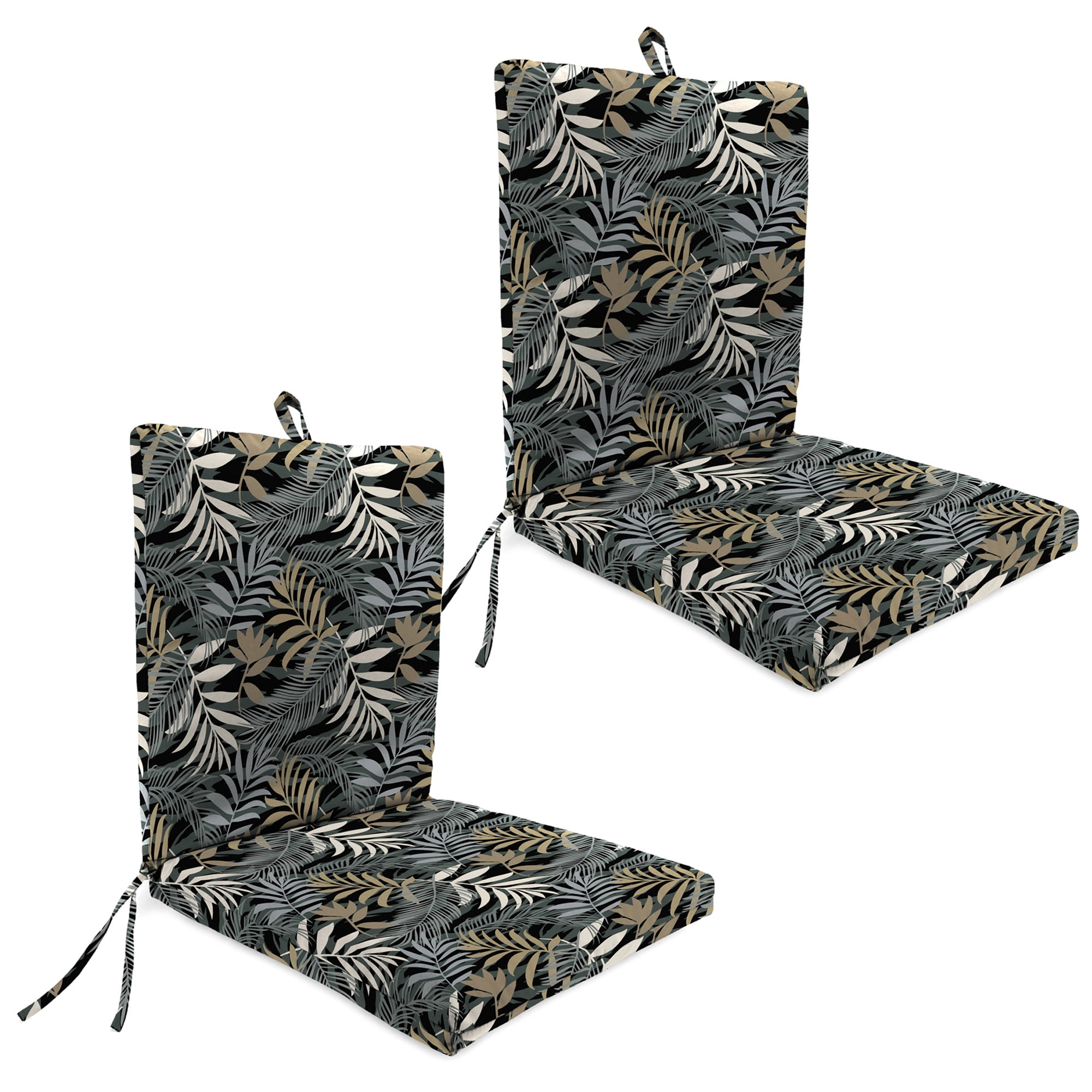 Jordan Manufacturing 44" x 21" Maryland Driftwood Black Leaves Rectangular Outdoor Chair Cushion with Ties and Hanger Loop (2 Pack)