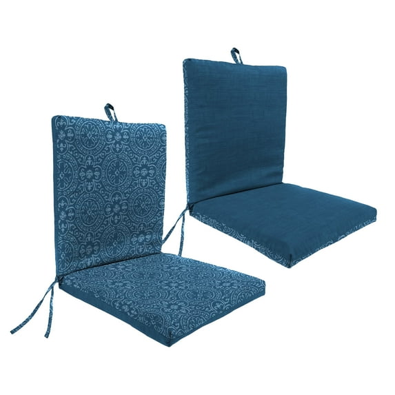 Jordan Manufacturing 44" x 21" Oberring Tuscan Blue Medallion and Quasi Tuscan Blue SolidReversible Rectangular Outdoor Chair Cushion with Ties and Hanger Loop