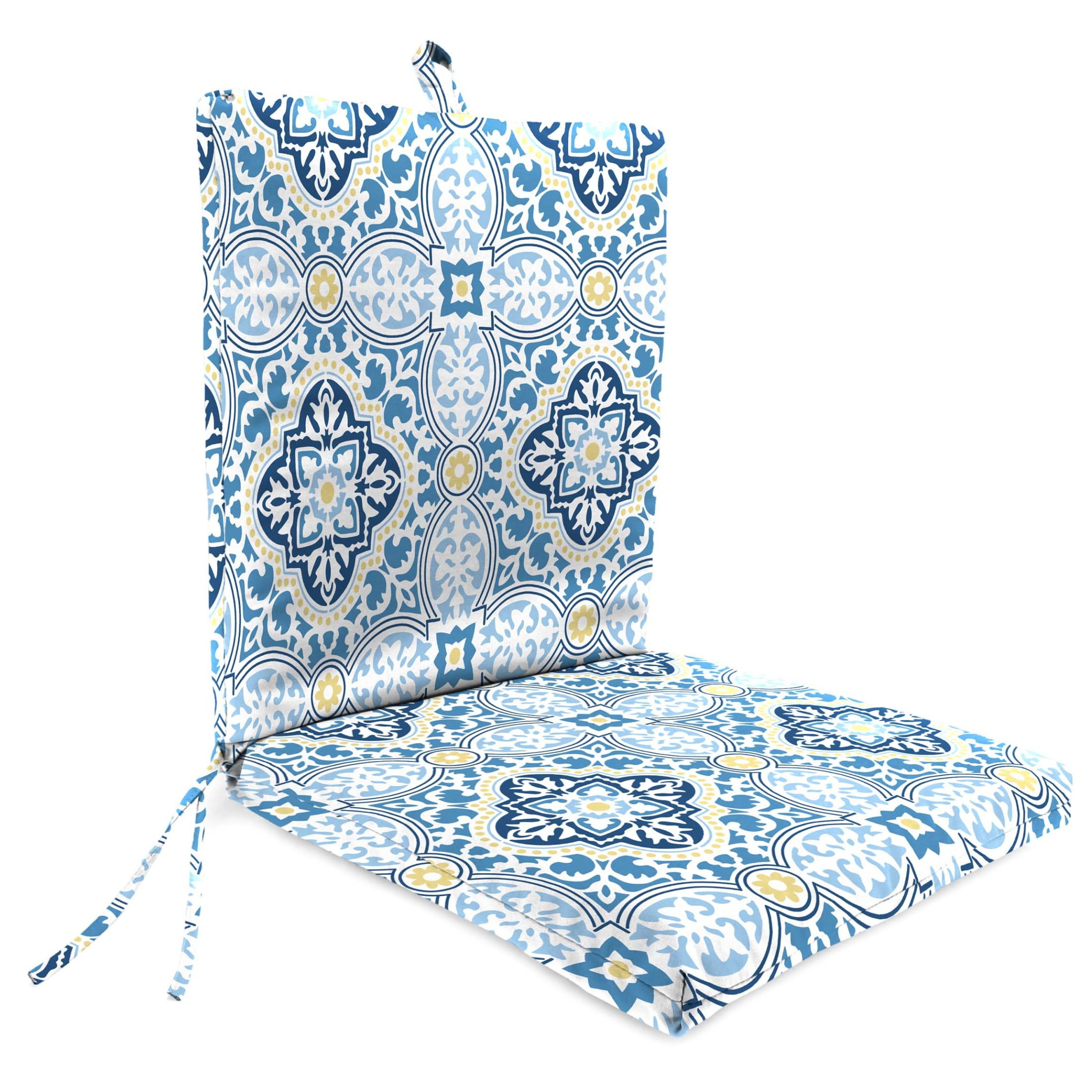Jordan Manufacturing 44" x 21" Rave Sky Blue Quatrefoil Rectangular Outdoor Chair Cushion with Ties and Hanger Loop