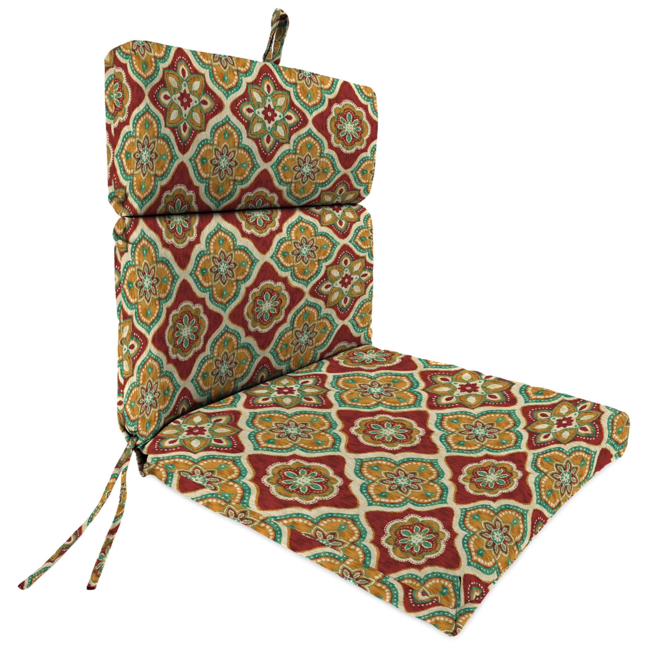 Jordan Manufacturing 44" x 22" Adonis Jewel Crimson Medallion Rectangular Outdoor Chair Cushion with Ties and Hanger Loop