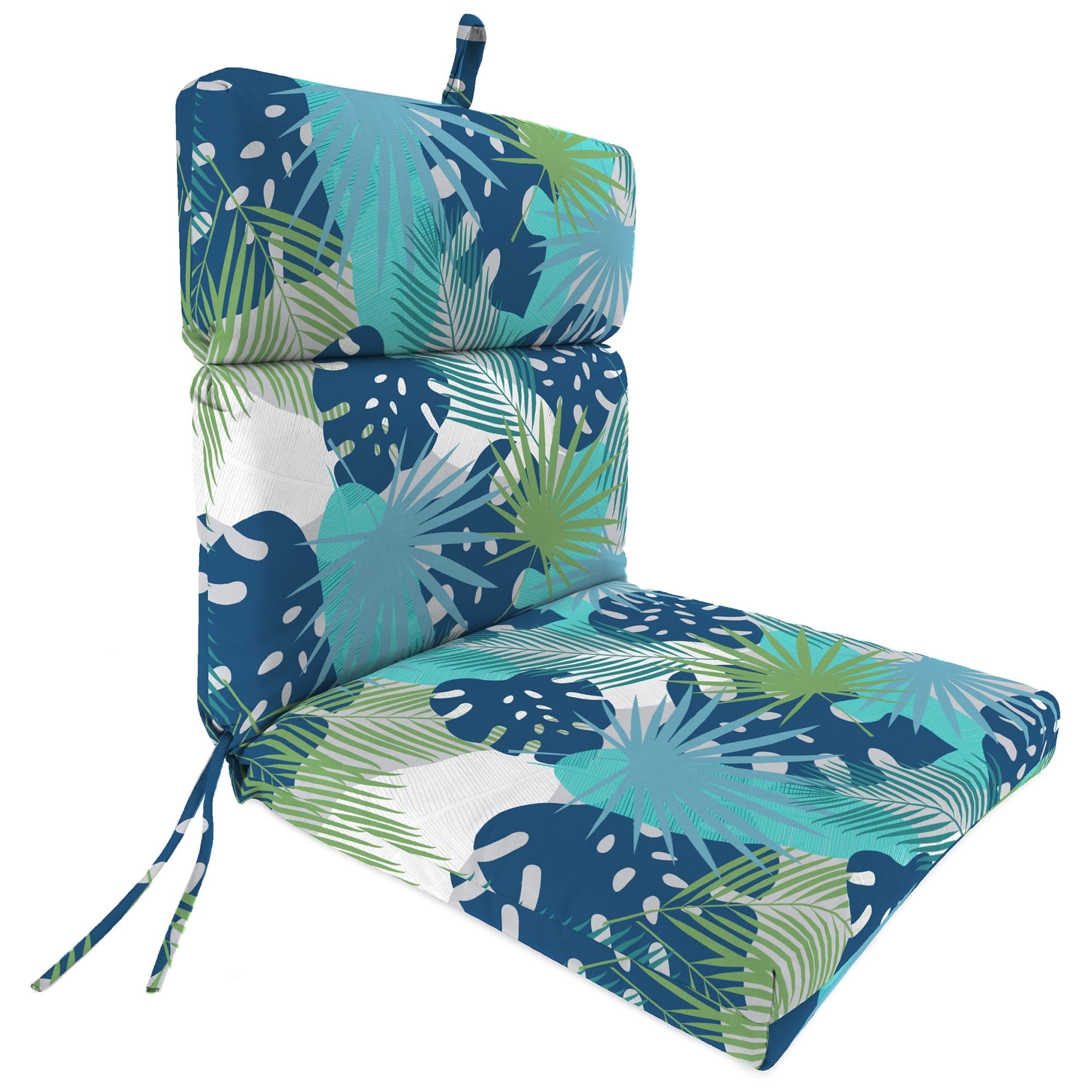 Jordan Manufacturing 44" x 22" Baloo Topaz Blue Leaves Rectangular Outdoor Chair Cushion with Ties and Hanger Loop