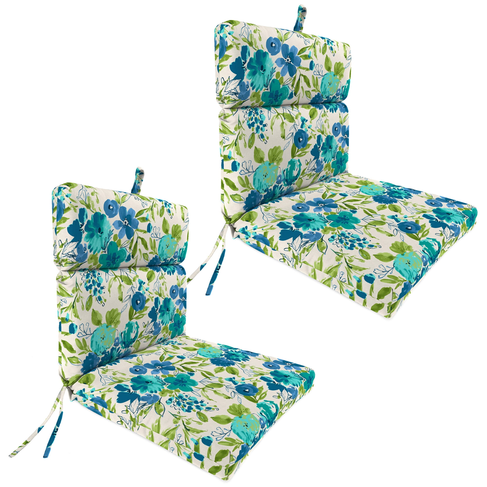 Jordan Manufacturing 44" x 22" Bettina Aqua Cream Floral Rectangular Outdoor Chair Cushion with Ties and Hanger Loop (2 Pack)