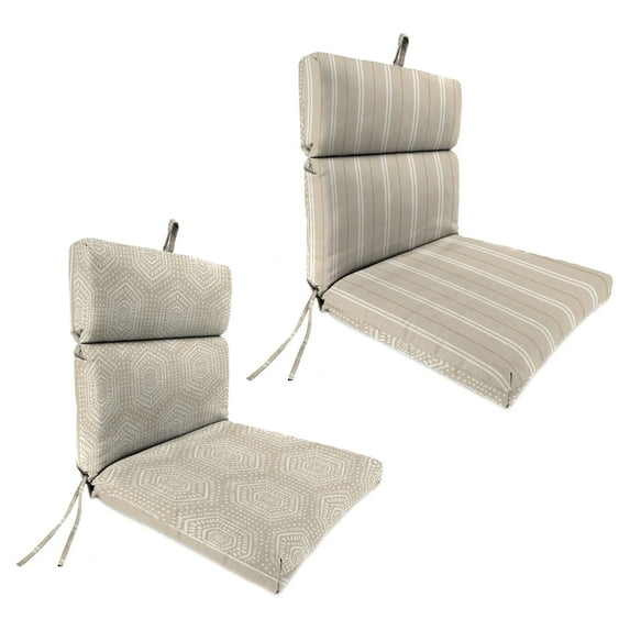 Jordan Manufacturing 44" x 22" Chet Taupe Geometric and Gallan Taupe Stripe Reversible Rectangular Outdoor Chair Cushion with Ties and Hanger Loop