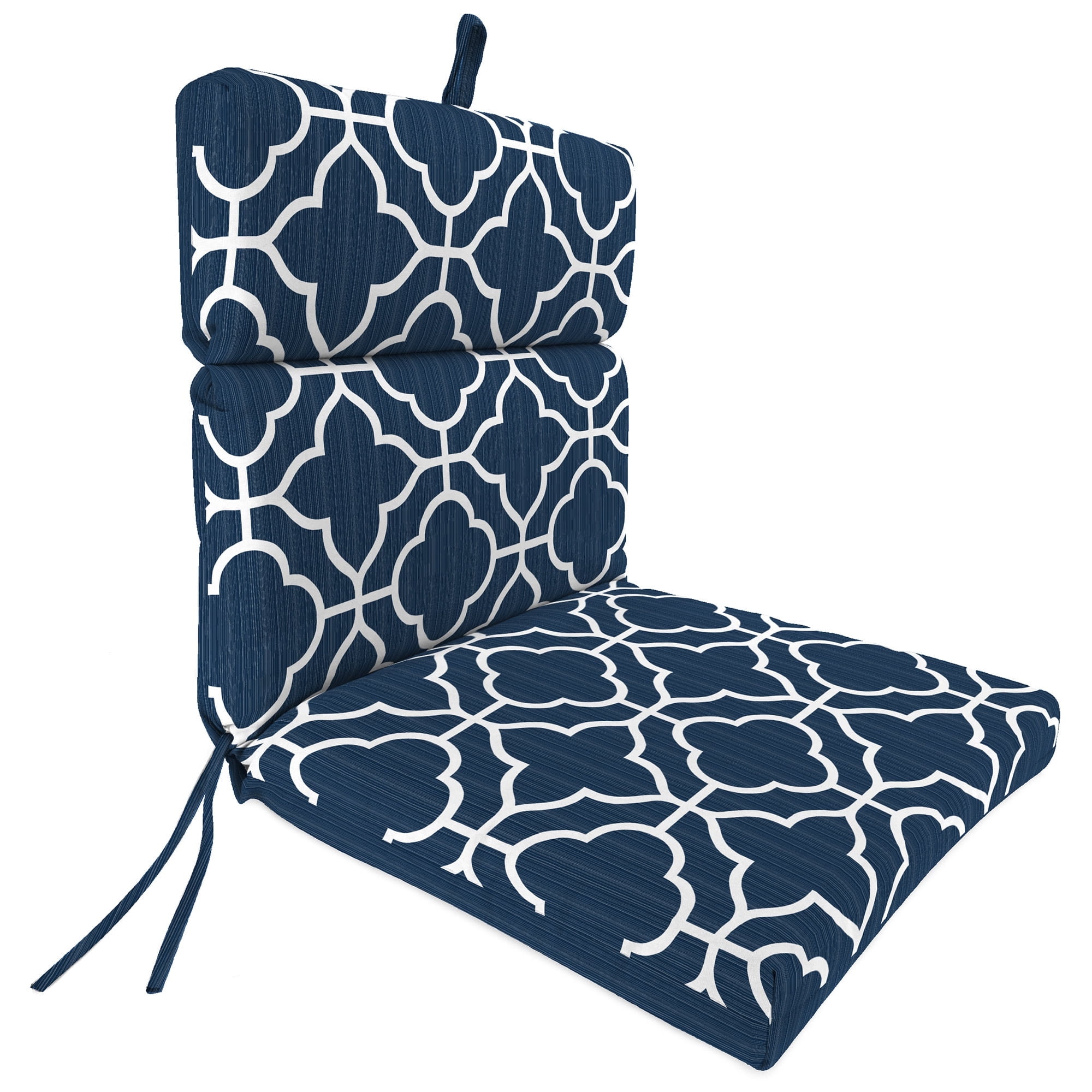 Jordan Manufacturing 44" x 22" Fandango Oceanic Blue Quatrefoil and Chestnut Oceanic Blue Stripe Reversible Rectangular Outdoor Chair Cushion with Ties and Hanger Loop