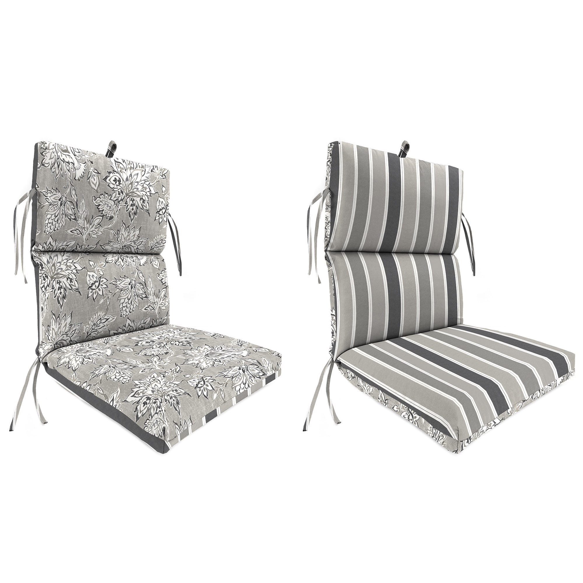 Jordan Manufacturing 44" x 22" Fitch Gray Stripe and Adair Gray Jacobean Reversible Rectangular Outdoor Chair Cushion with Ties and Hanger Loop
