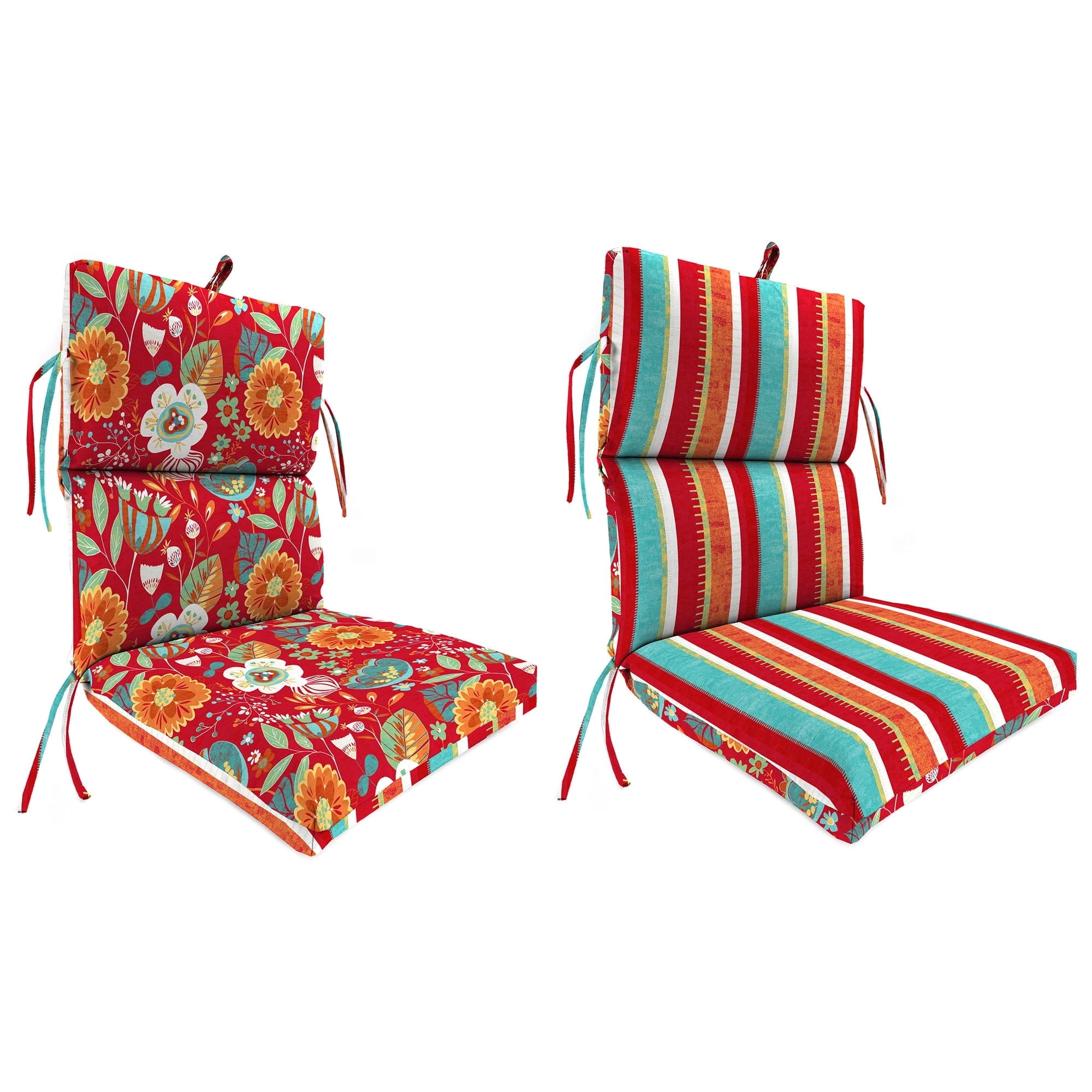 Jordan Manufacturing 44" x 22" Frawley Saxony Multicolor Stripe and Avianna Saxony Red Floral Reversible Rectangular Outdoor Chair Cushion with Ties and Hanger Loop