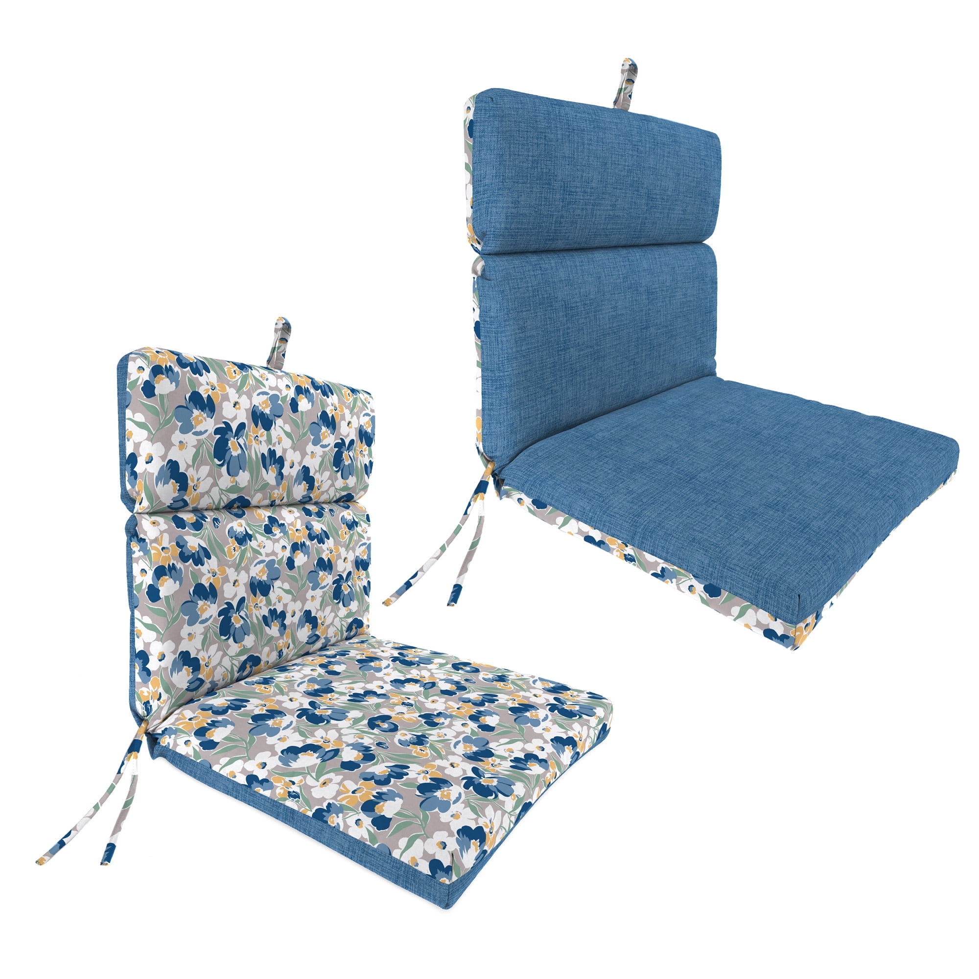 Jordan Manufacturing 44" x 22" Jean Alloy Gray Floral and Celosia Alloy Blue Crosshatch Reversible Rectangular Outdoor Chair Cushion with Ties and Hanger Loop