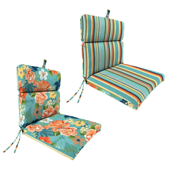 Jordan Manufacturing 44" x 22" Mamba Pelican Turquoise Stripe and Senorita Pelican Turquoise Floral Reversible Rectangular Outdoor Chair Cushion with Ties and Hanger Loop