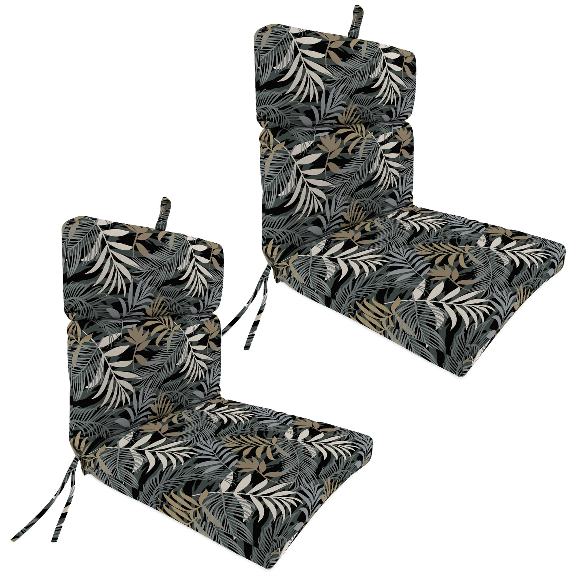 Jordan Manufacturing 44" x 22" Maryland Driftwood Black Leaves Rectangular Outdoor Chair Cushion with Ties and Hanger Loop (2 Pack)