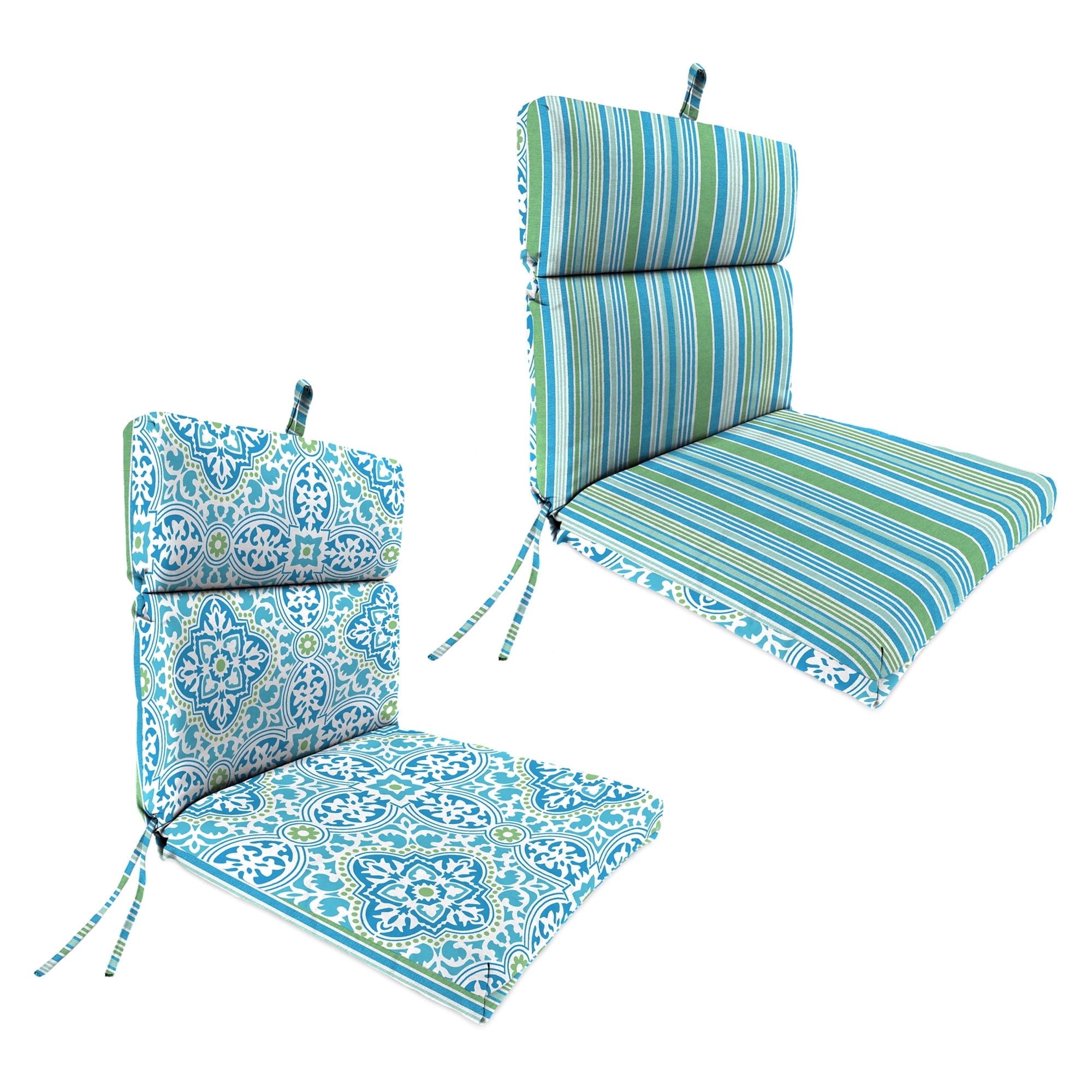 Jordan Manufacturing 44" x 22" Rave Turquoise Quatrefoil and Ferb Turquoise and Green Stripe Reversible Rectangular Outdoor Chair Cushion with Ties and Hanger Loop