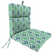 Jordan Manufacturing 44" x 22" Vesey Sea Mist Blue and Green Quatrefoil Rectangular Outdoor Chair Cushion with Ties and Hanger Loop