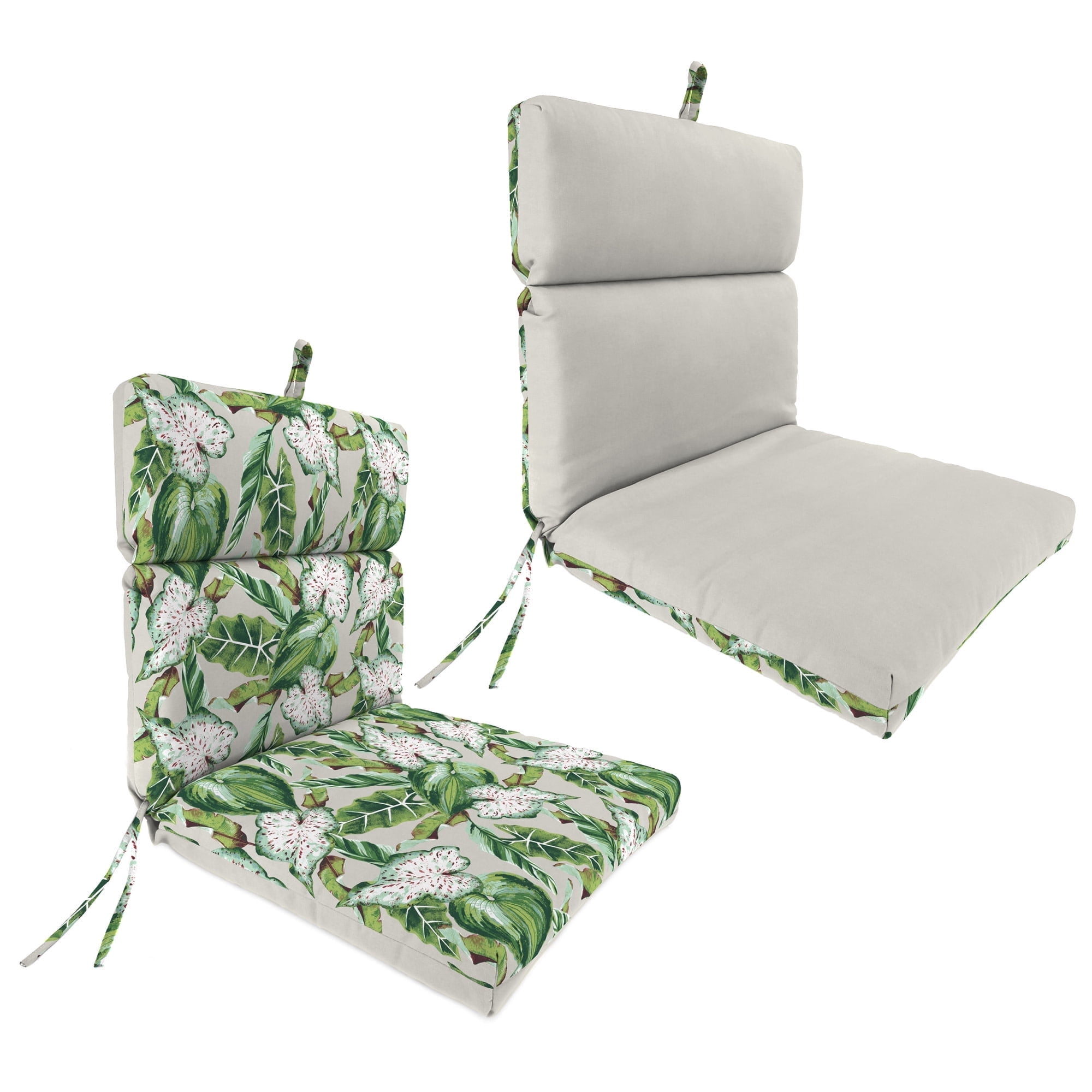 Jordan Manufacturing 44" x 22" Woodsy Juniper Beige Leaves and Juniper Light Gray Solid Reversible Rectangular Outdoor Chair Cushion with Ties and Hanger Loop