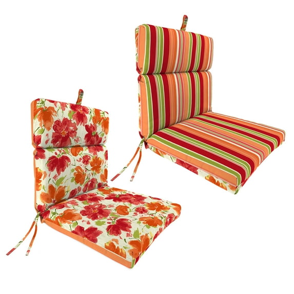 Jordan Manufacturing 44" x 22" Zion Granola Red and Orange Stripe and Marcia Granola Red and Orange Floral Reversible Rectangular Outdoor Chair Cushion with Ties and Hanger Loop
