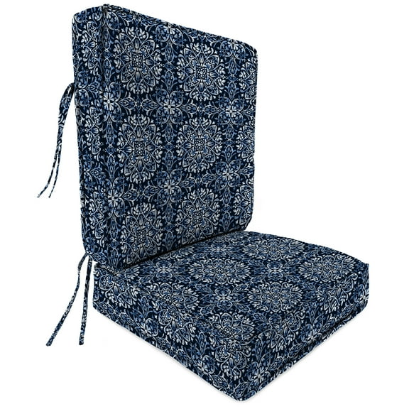 Jordan Manufacturing 45" x 22" Dresden Midnight Navy Damask Rectangular Outdoor Deep Seating Chair Seat and Back Cushion with Ties and Welt