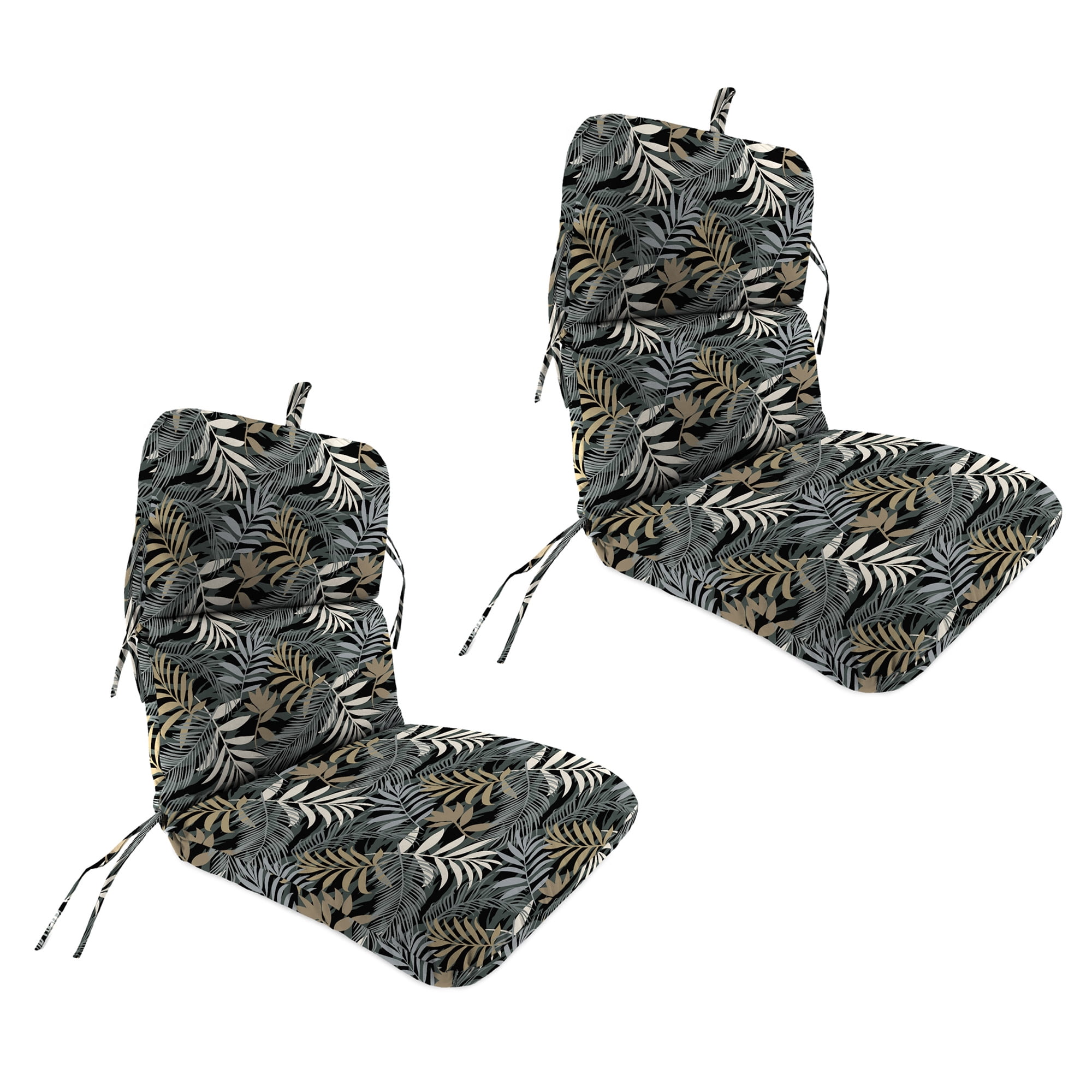 Jordan Manufacturing 45" x 22" Maryland Driftwood Black Leaves Rectangular Outdoor Chair Cushion with Ties and Hanger Loop (2 Pack)